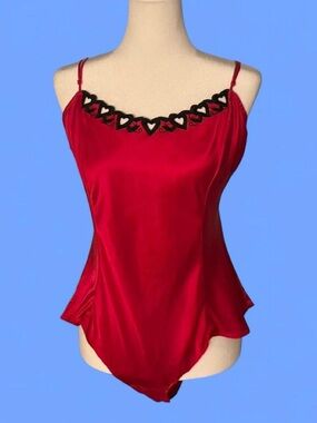 Victoria's Secret Red Satin Bodysuit with Black Heart Trim